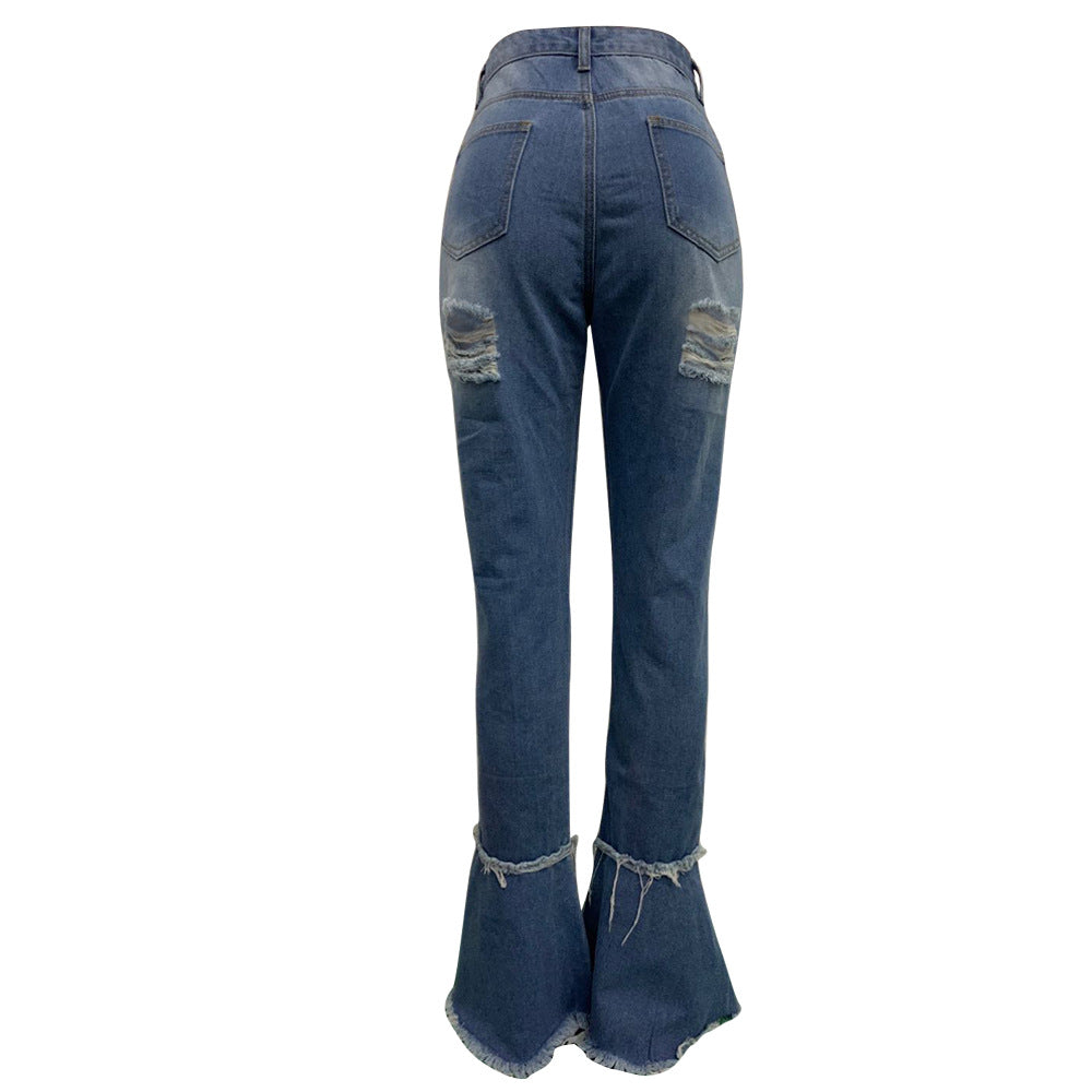 Women's Fringed Ripped Classic Denim Ruffle Trouser 32