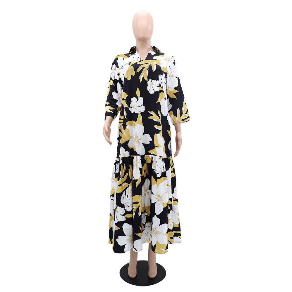 Women Printed Turndown Collar V Neck Patchwork Long Dress 6