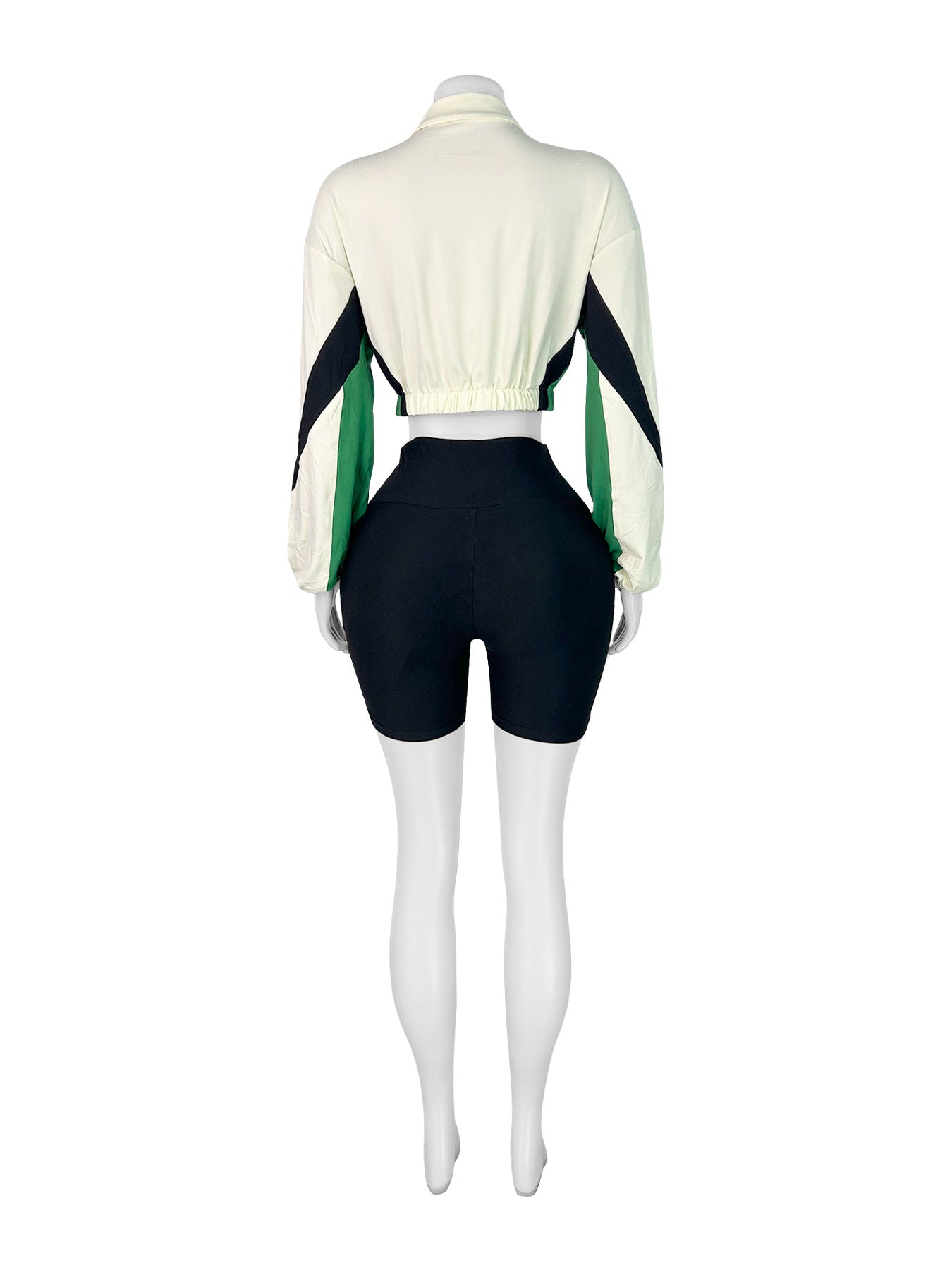 Women patchwork contrast color zipper long sleeve top and shorts sports two-piece set 8
