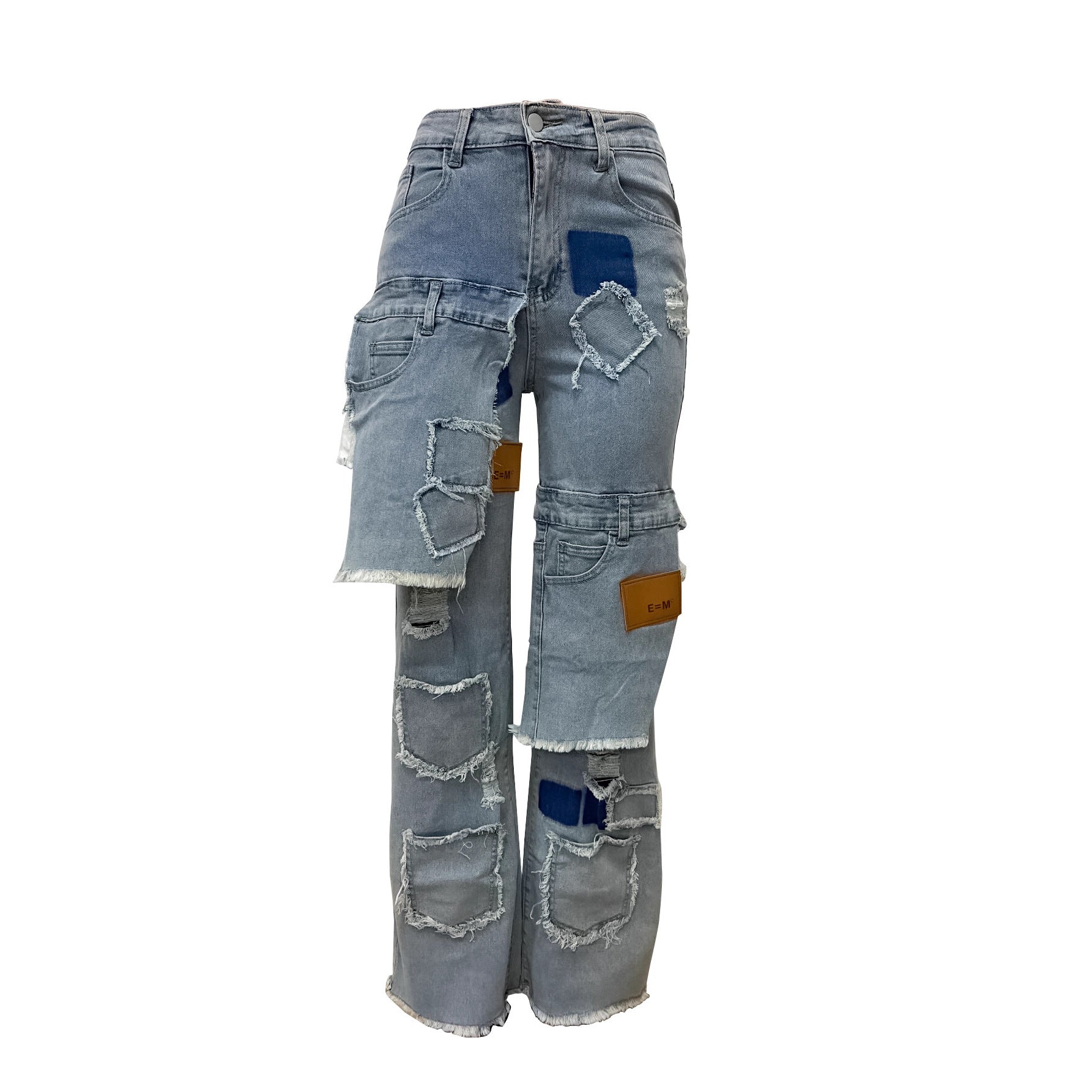 Women's Fashion Street Trend Patchwork Washed Distressed Straight Leg Loose Denim Pants 6