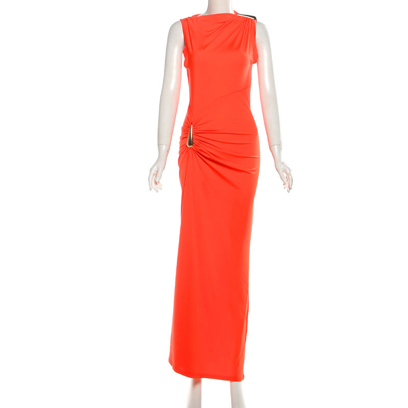 Women Fall Solid Metallic Sleeveless Sexy Slit Dress 24