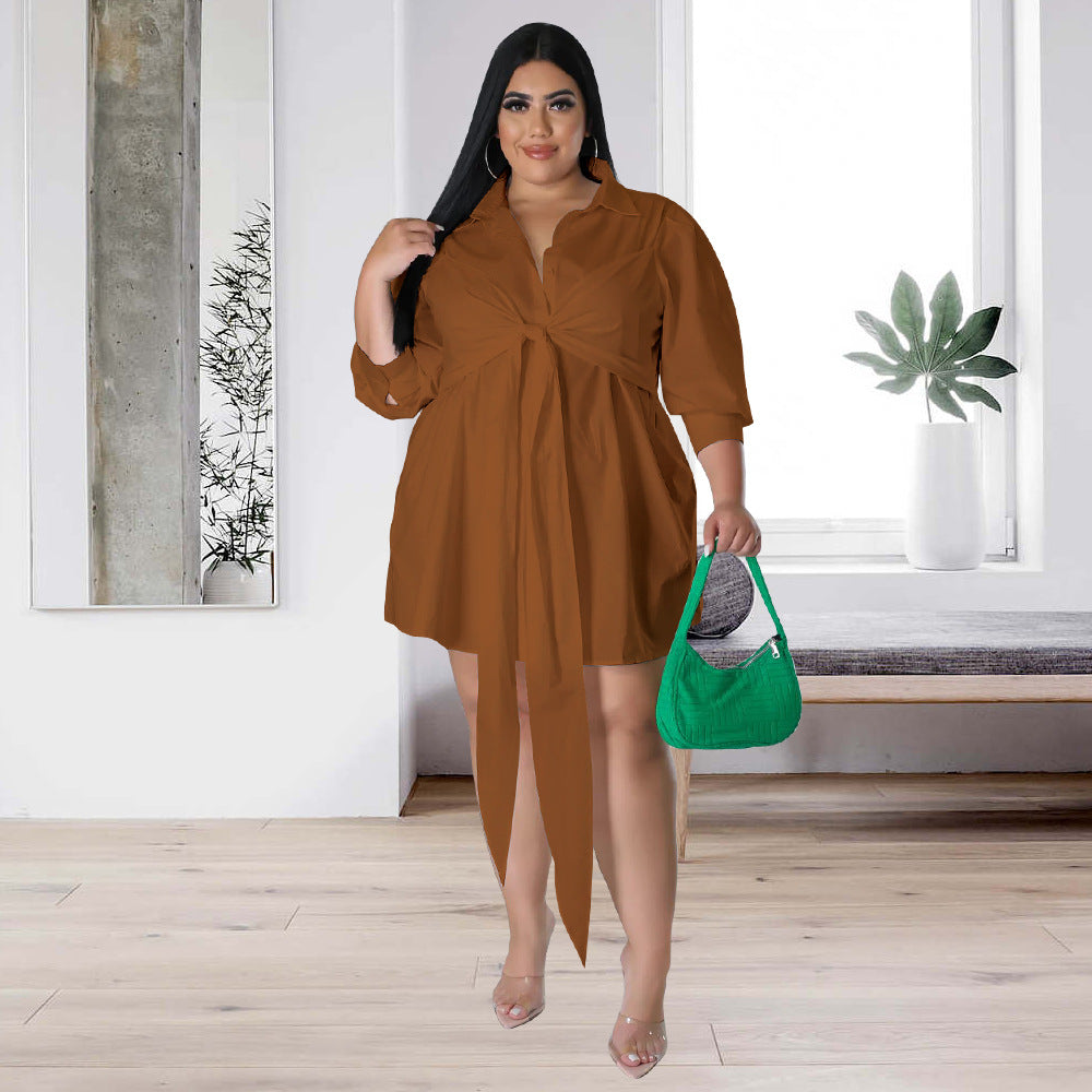 Plus Size Women Sexy Solid Tie Long Sleeve Shirt Dress 8