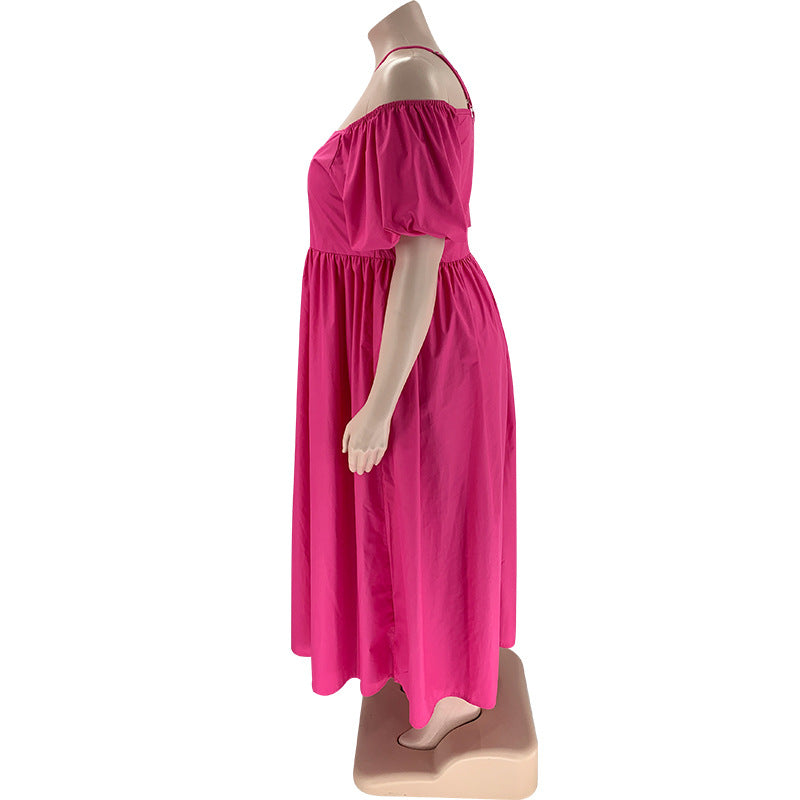 Solid Color Sexy Strapless Halter Neck Plus Size Women's Fashion Loose Short Sleeve Dress 18