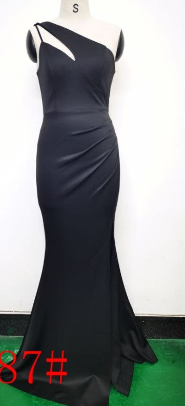 Satin Slim One Shoulder Long Celebrity Dinner Slim Fit Fishtail Dress Wedding Car Model Exhibition Dress 13