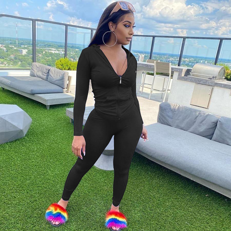 Women Summer Sports Hooded Full Sleeves Solid Pockets Regular Two Piece Pants Set 6