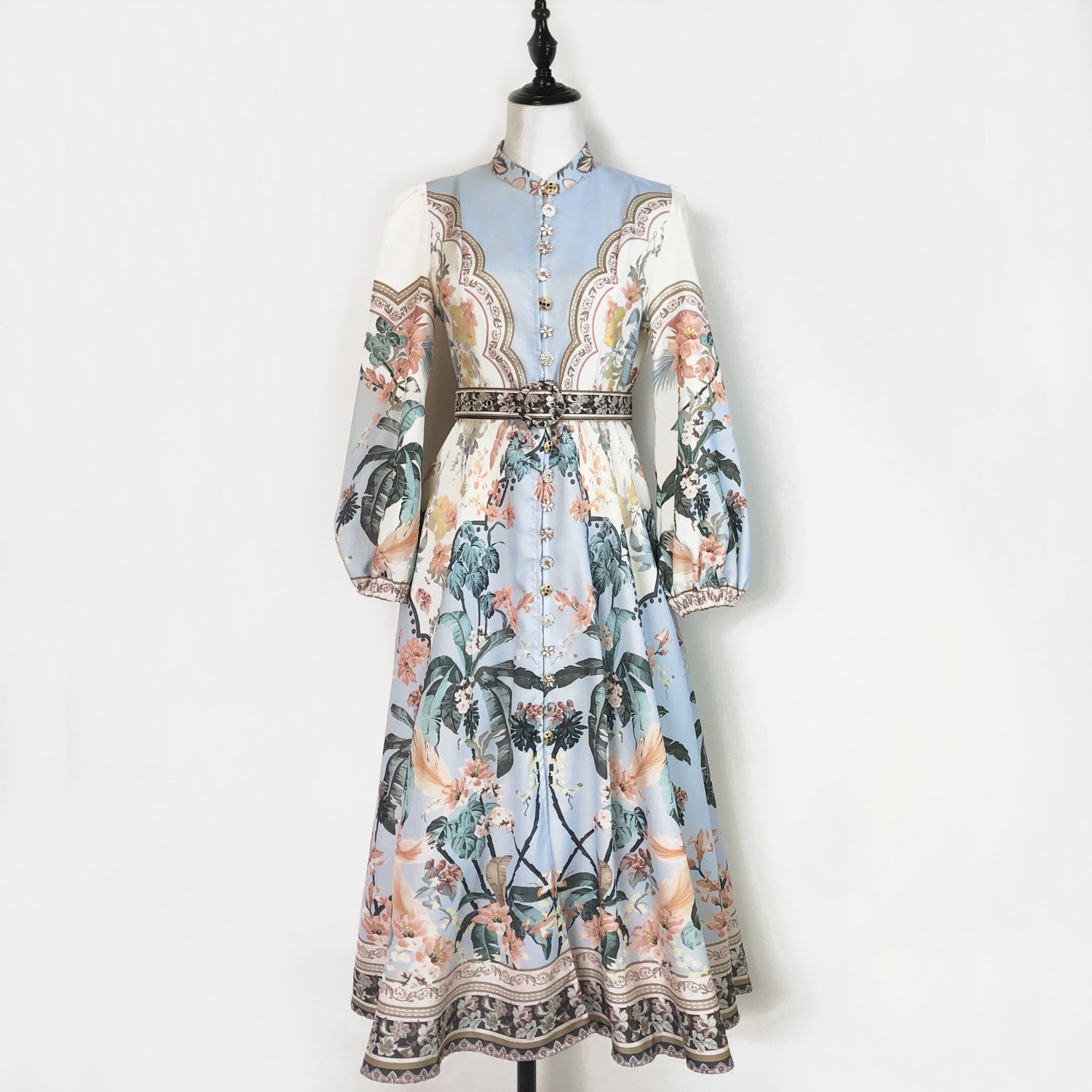 Elegant Print Row Jewelry Button Floral Lantern Sleeve Midi Dress with Belt 12