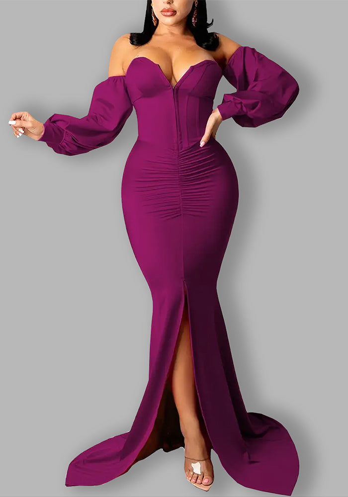 Stylish Off Shoulder Slit Mermaid Maxi Dress