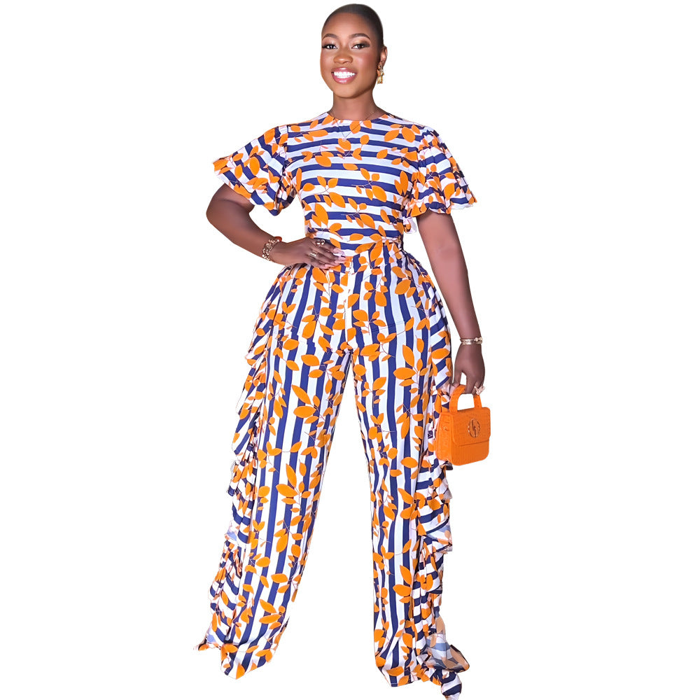 Chic Puff Sleeve Elegant Ruffled High Waist Overalls Straight Leg Trousers Women's Jumpsuit 7