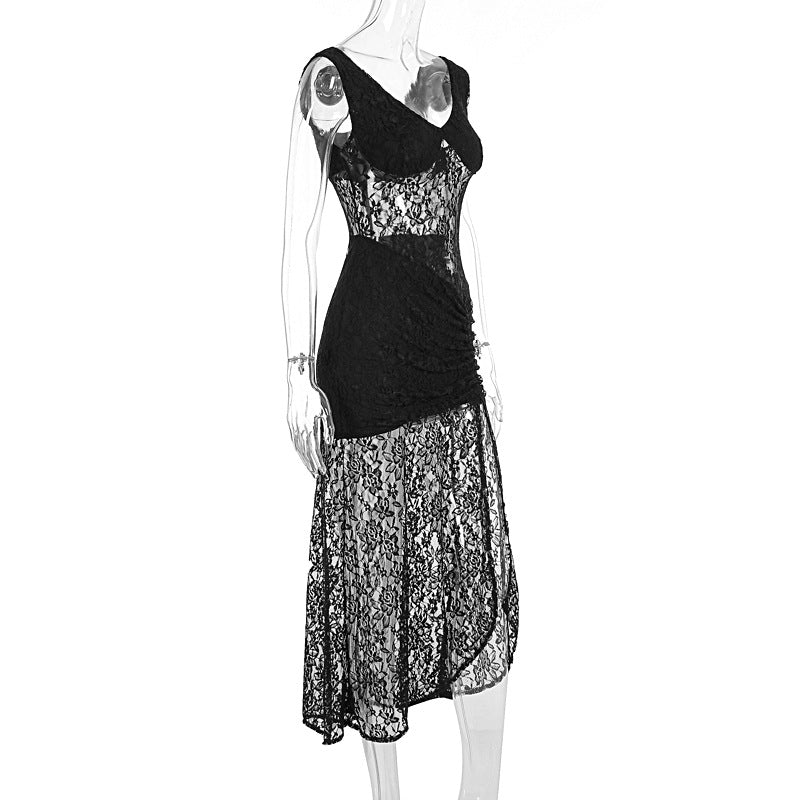 Women's Summer Sexy Lace Hollow-Patchwork Straps Slim Split Dress 9