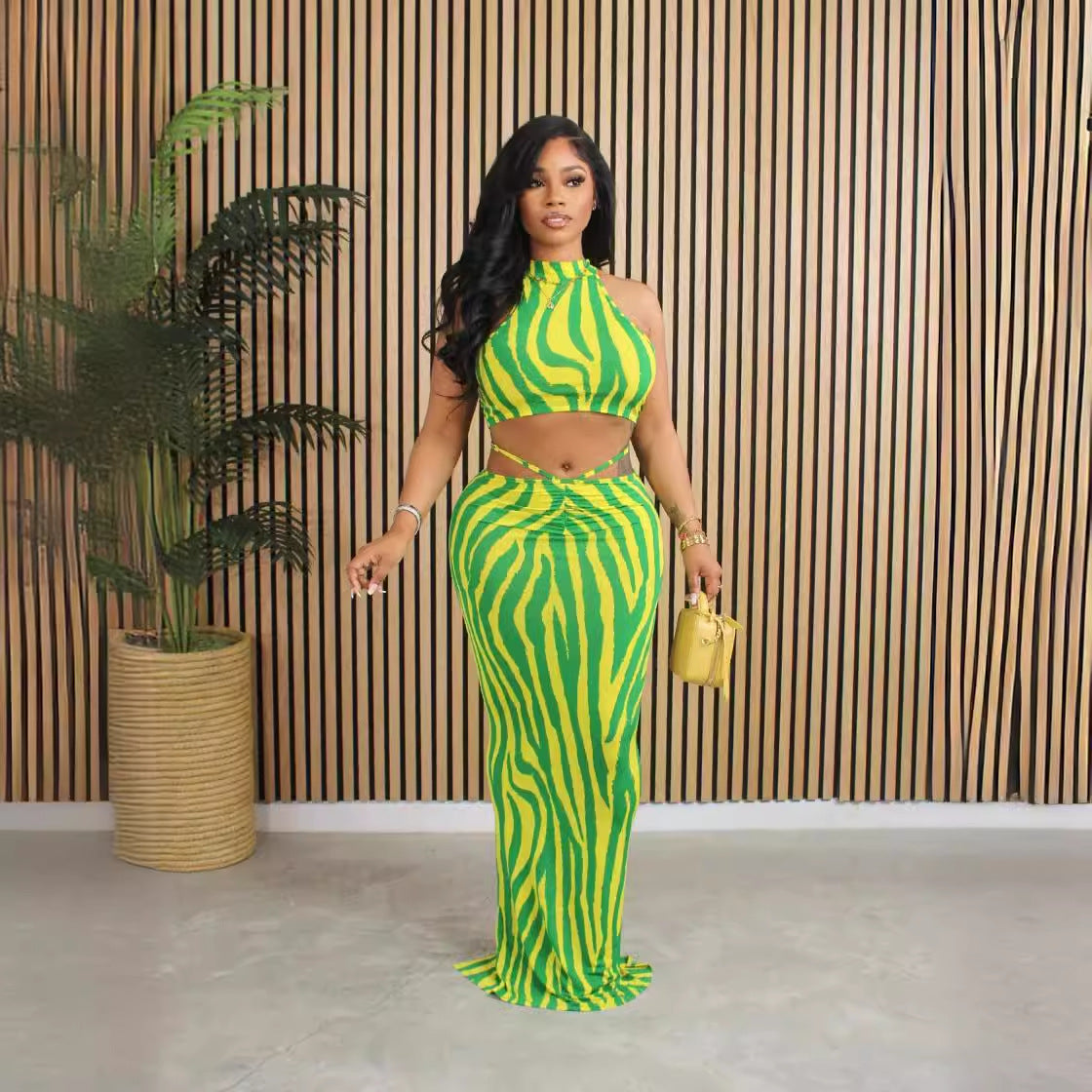 Women Striped Crop Top and Long Skirt Two Piece Set 6