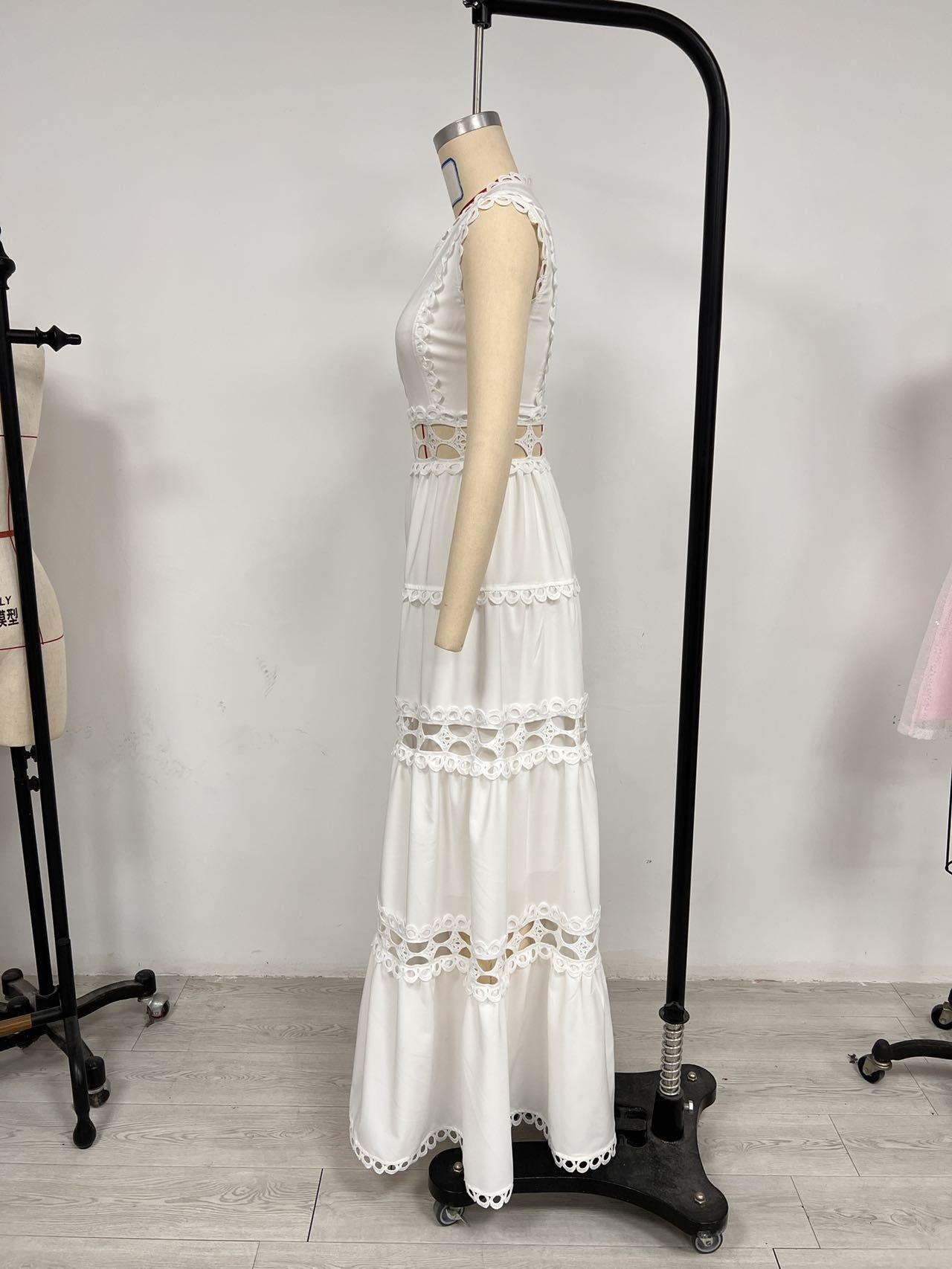 Hollow Embroidery V-Neck Long Sleeveless Casual Long Dress 9