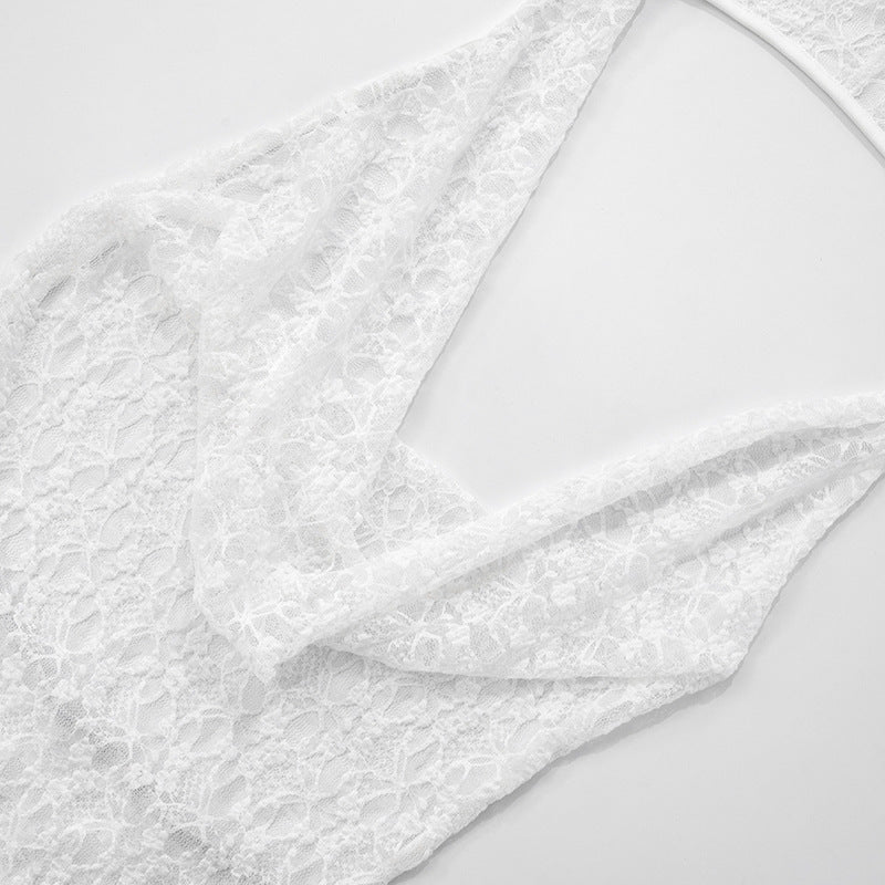 Women's spring and summer lace hood Halter Neck deep pile collar  Low Back Patchwork Dress and pants set 27