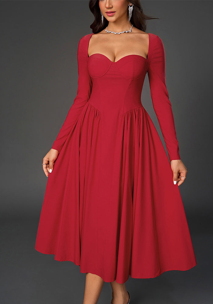 Sexy Long-Sleeved Low Back Lace-Up A-Line Solid Color Pleated Dress