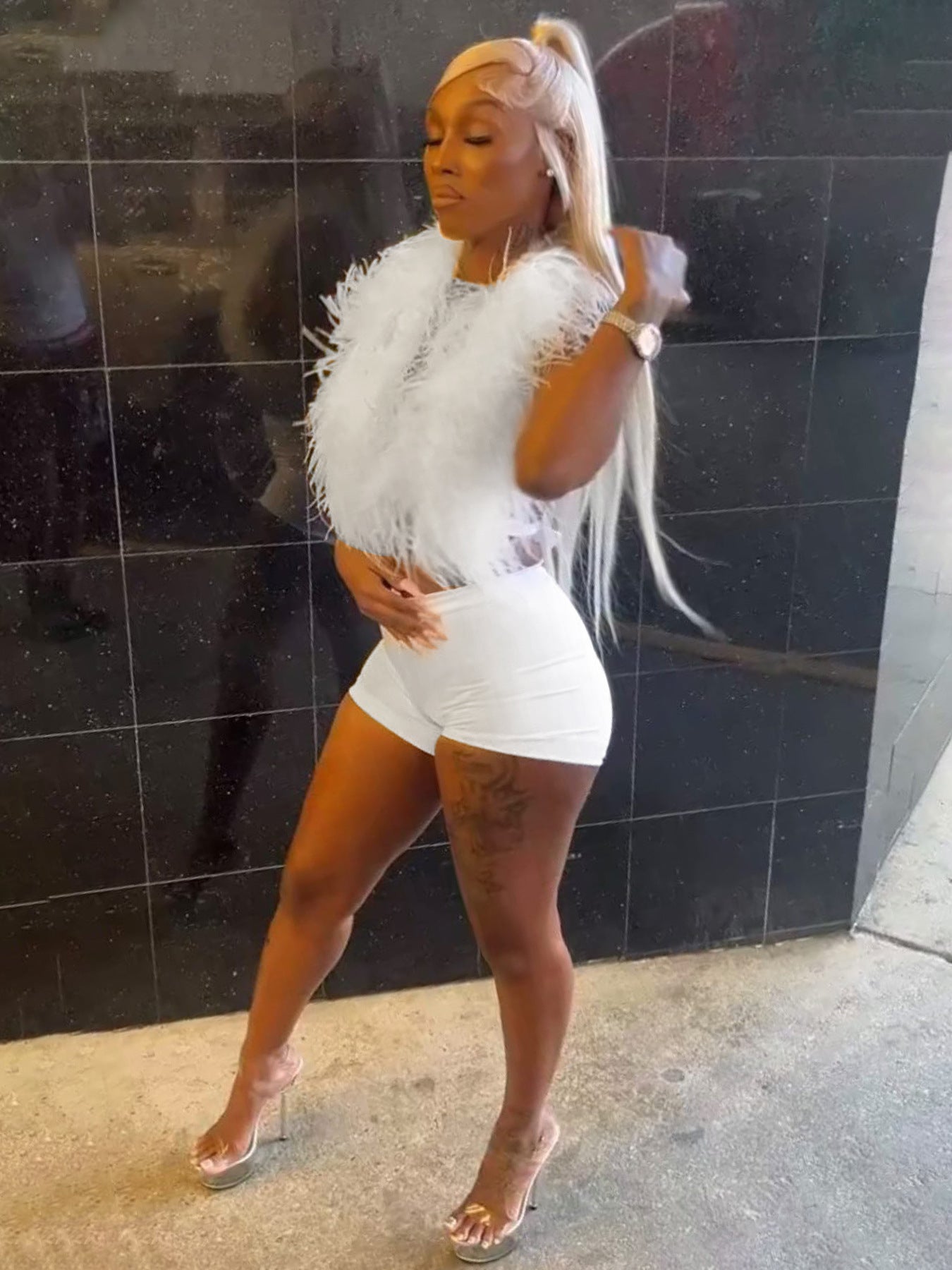 Women sexy nightclub Halter Neck Lace-Up Feather Top and Shorts two-piece set 16