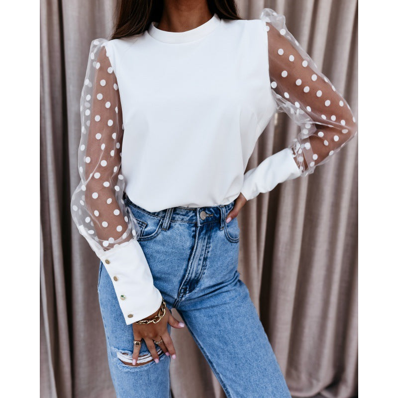 Spring Polka Dot Printed Mesh Long Sleeve Casual Round Neck Pullover Shirt 5