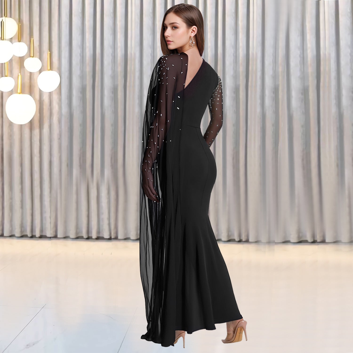 Women Sexy Mesh Beaded Bodycon Dress 3