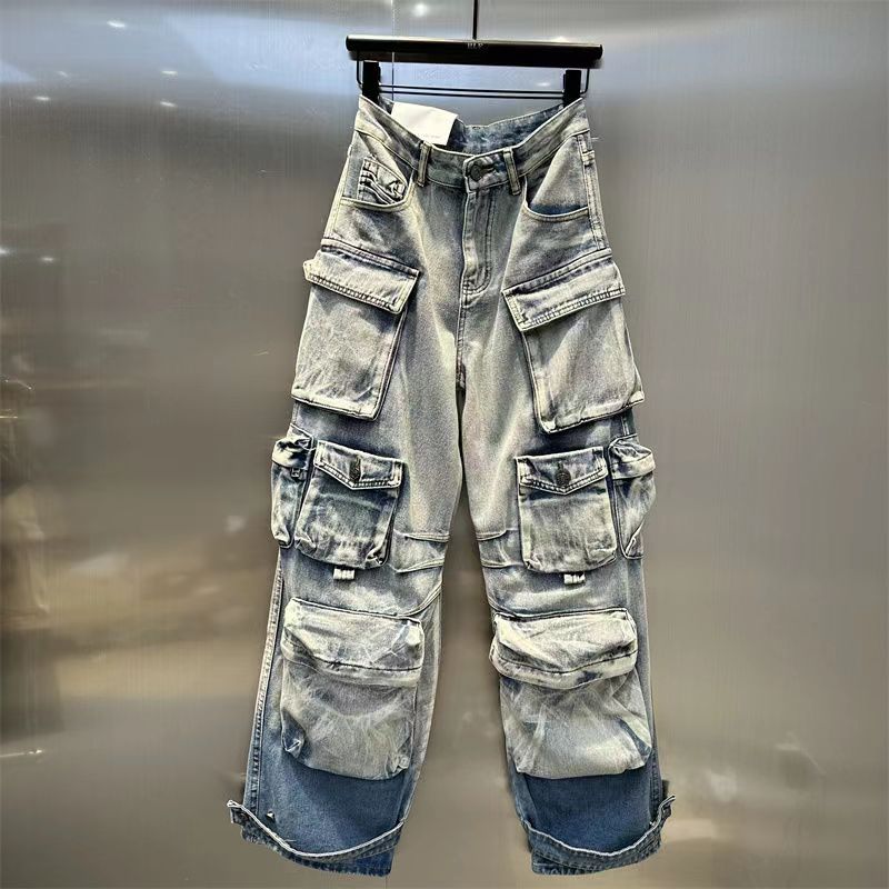 Spring Street-Style Pocket Washed Gradient Cargo Pants Casual Jeans 8