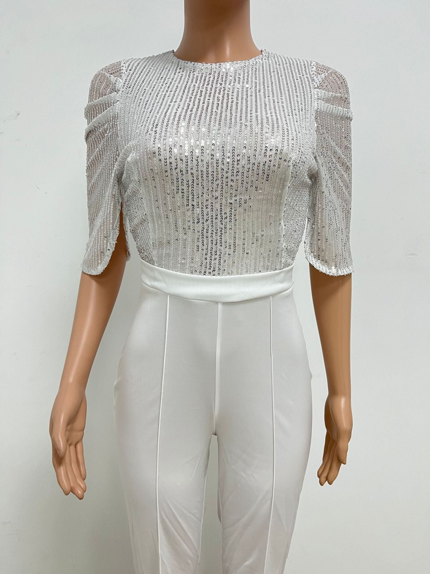 Women's Fashion Sequins Half Sleeve Wide-Leg Chic Ladies Jumpsuit 25