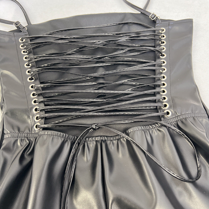 Women Sexy Pu Leather Backless Lace-Up Slit Maxi Dress 14
