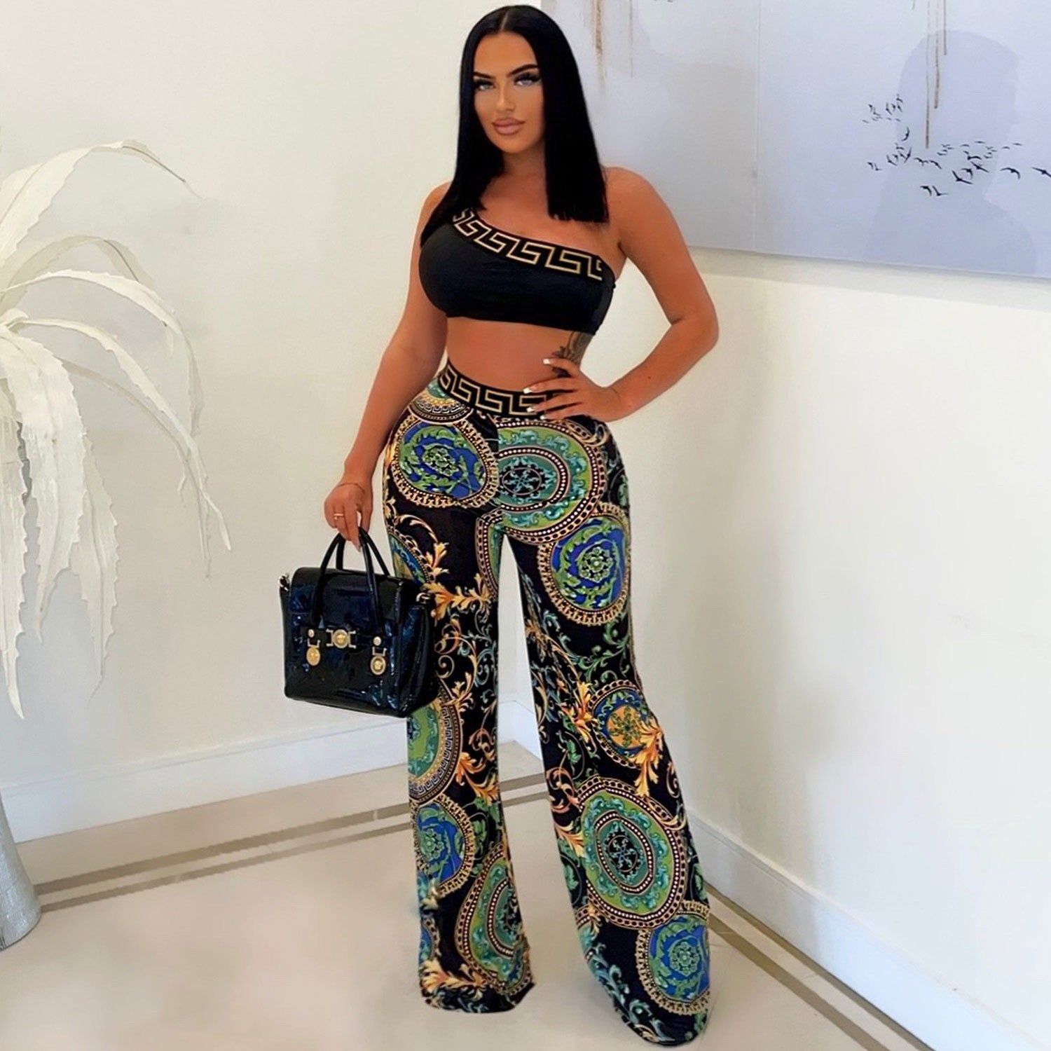 Sexy Slim Print Slash Shoulder Sleeveless Crop Top Pants Two-Piece Nightclub Suit 6