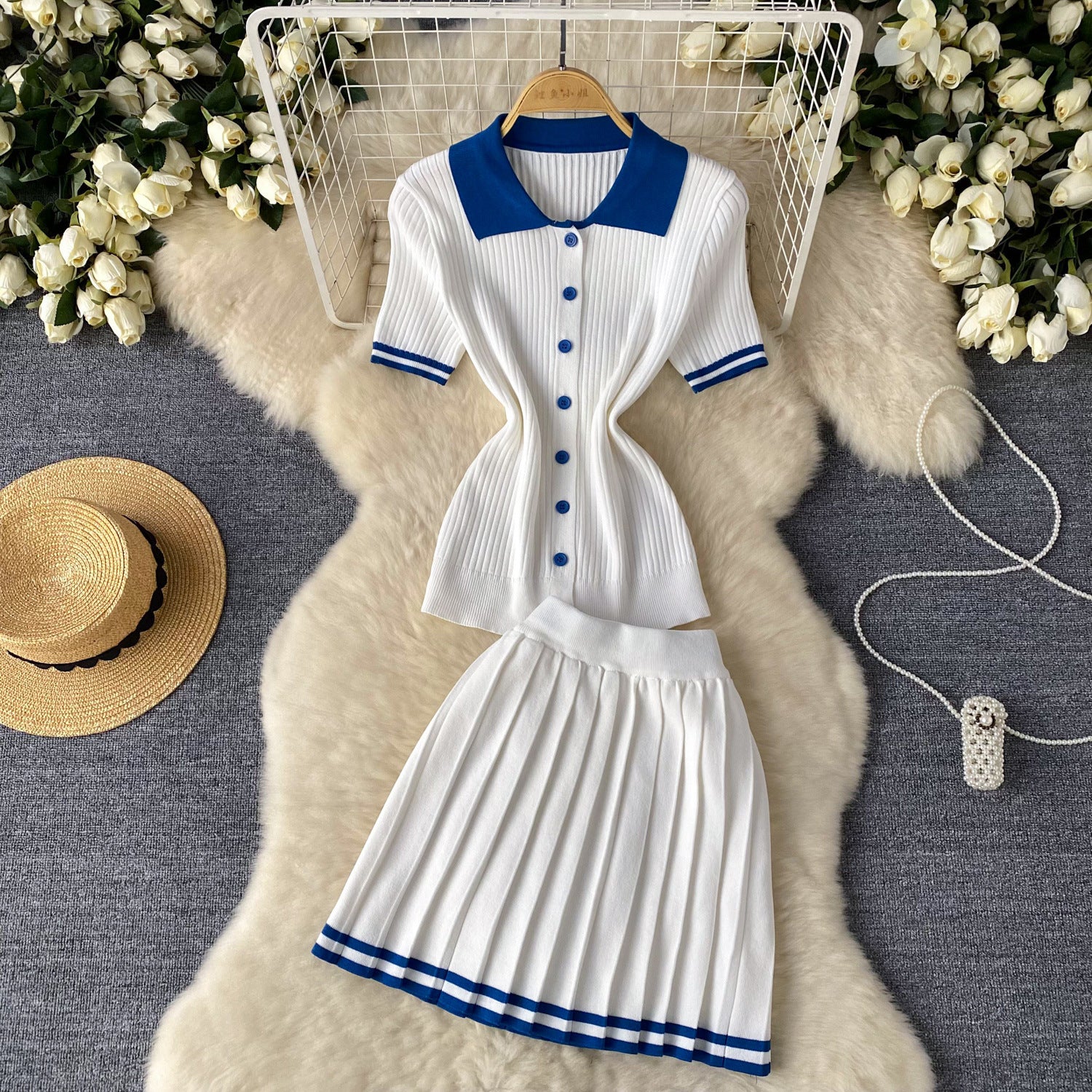 Contrast Turndown Collar Short-Sleeved Shirt Top High Waist Slim Fit Pleated Skirt Two Piece Set 7