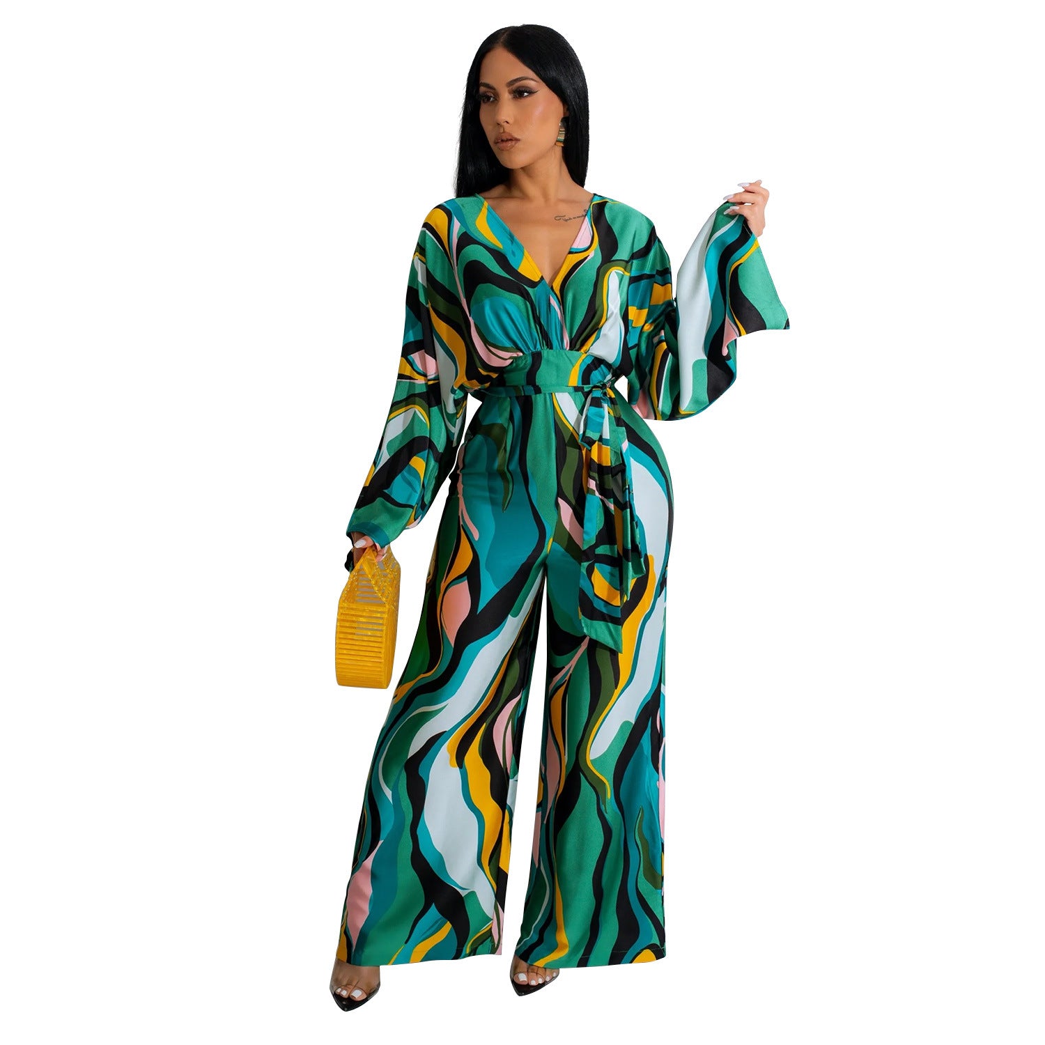 Women Casual Printed Lace-Up Long Sleeve Wide Leg Jumpsuit 6