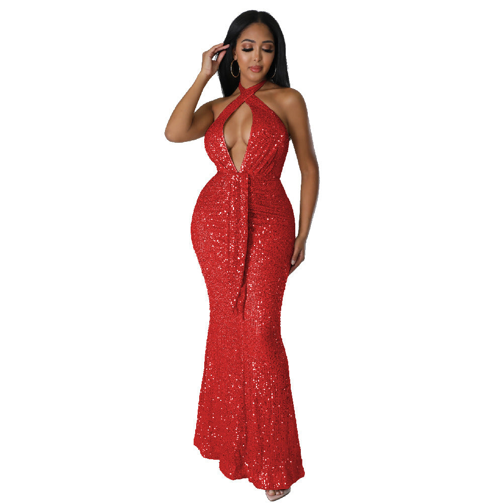 Women Sexy Halter Neck Cutout Sequined Mermaid Skirt Dress 7