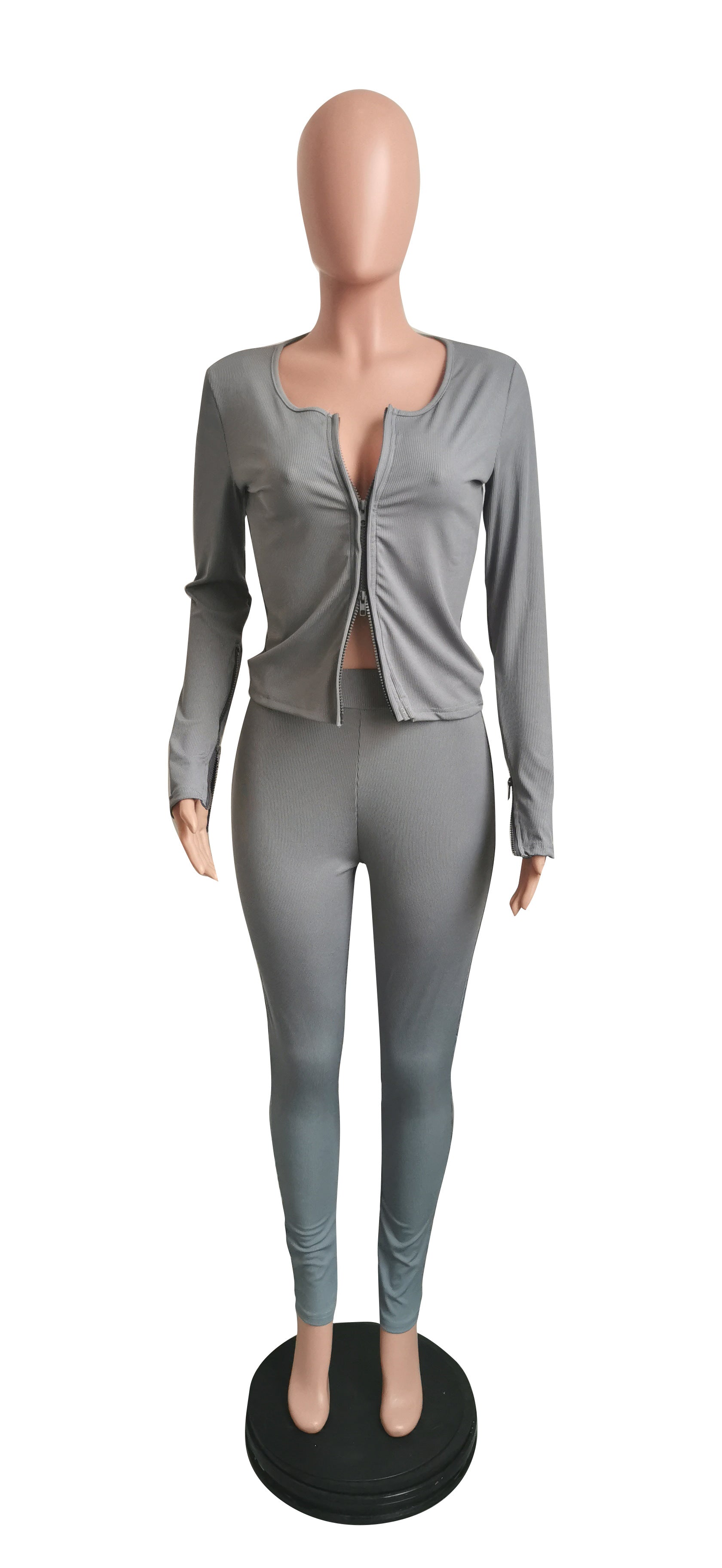 Women Solid Casual Zippered Ribbed Top and Pants Two-piece Set 12