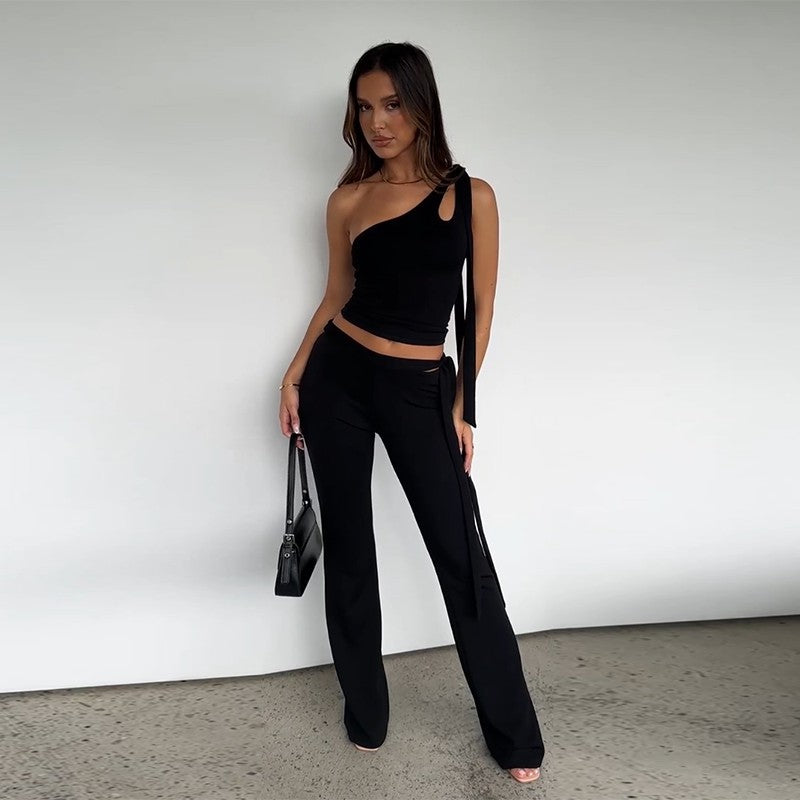 Women Spring Slash Shoulder Lace-Up Crop Top and Two Piece Set 5