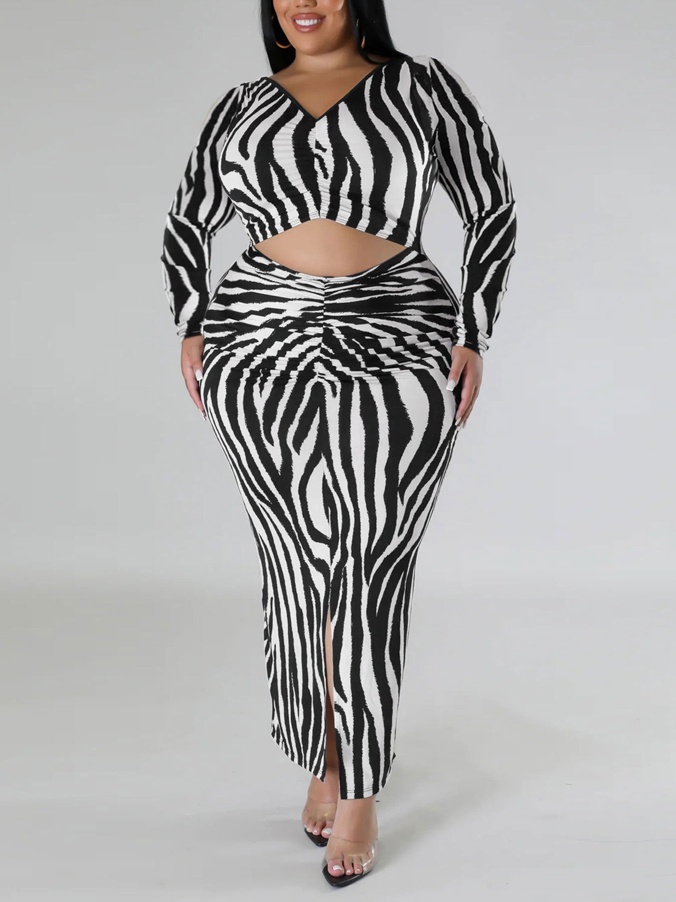 Plus Size Women's Sexy Zebra Print Slim Split Slim Fit Fashion Long Dress