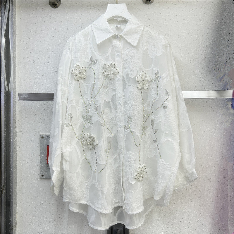 Women Turndown Collar long-sleeved flower diamond shirt 4