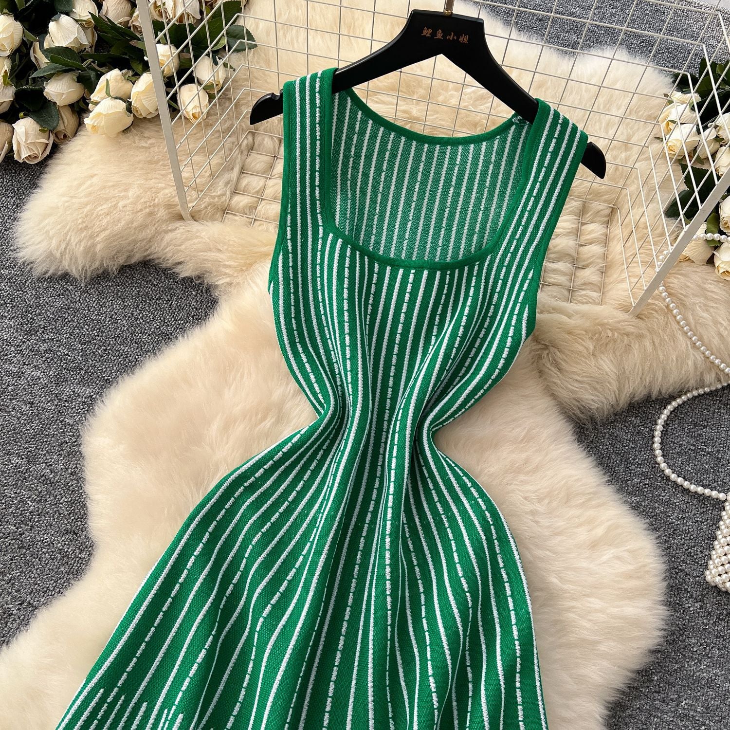 Women's Summer Square Neck Sleeveless Striped Slim Knitting Dress 14