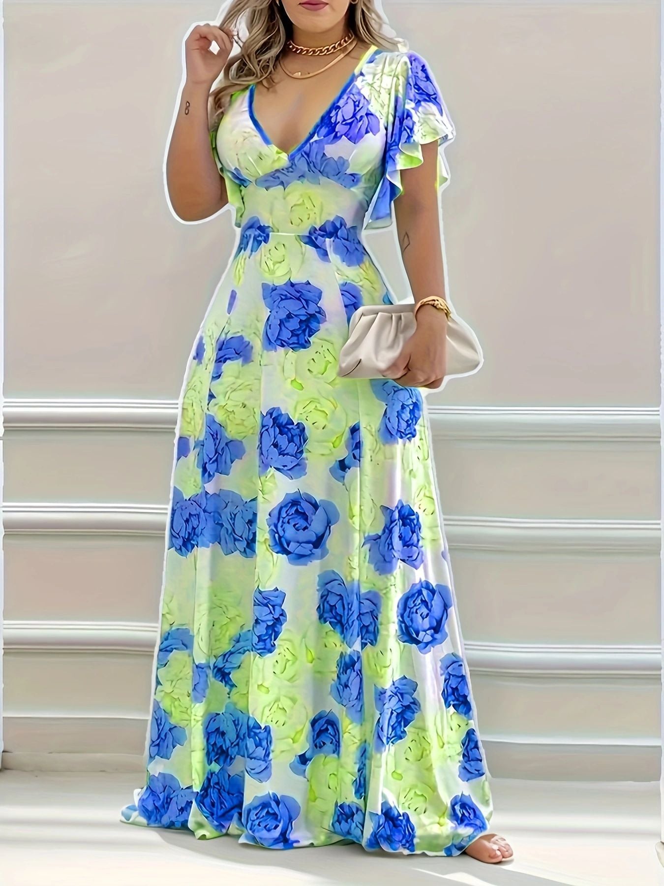 Summer Printed V-Neck Short-Sleeved Maxi Dress 5
