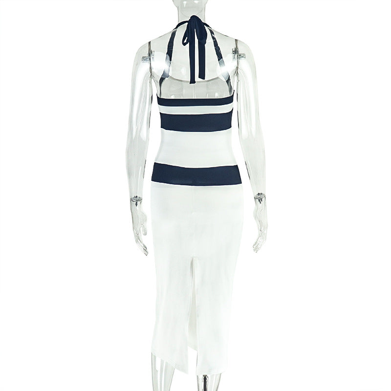 Black White Contrast Halter Dress Patchwork Bodycon Gown 6