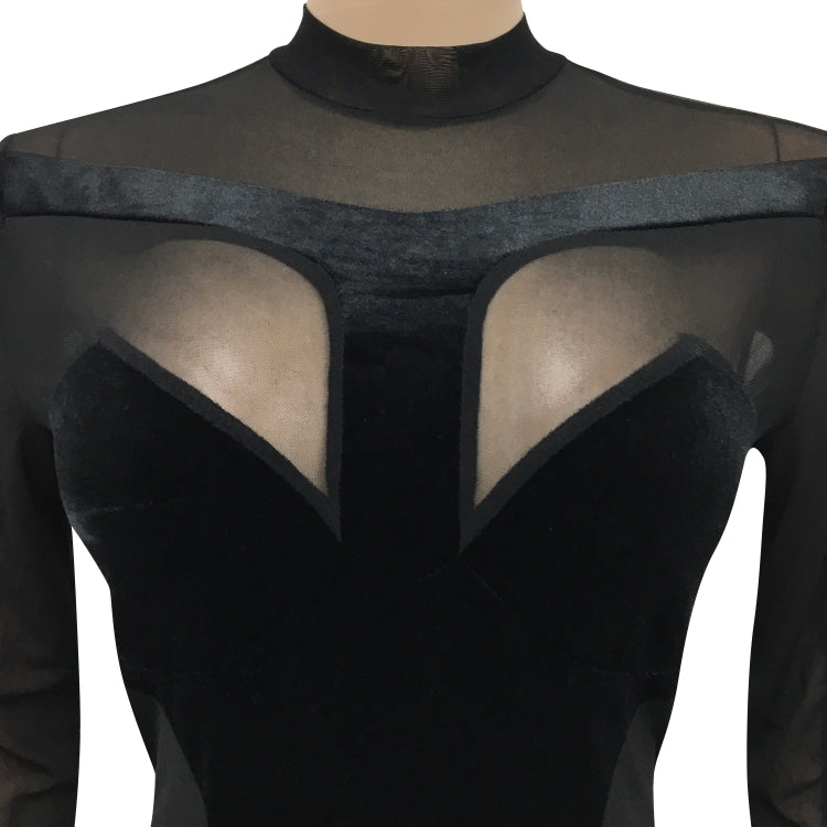Women Spring Black Velvet Patch Sexy Mesh Tight Fitting Party Jumpsuit 8