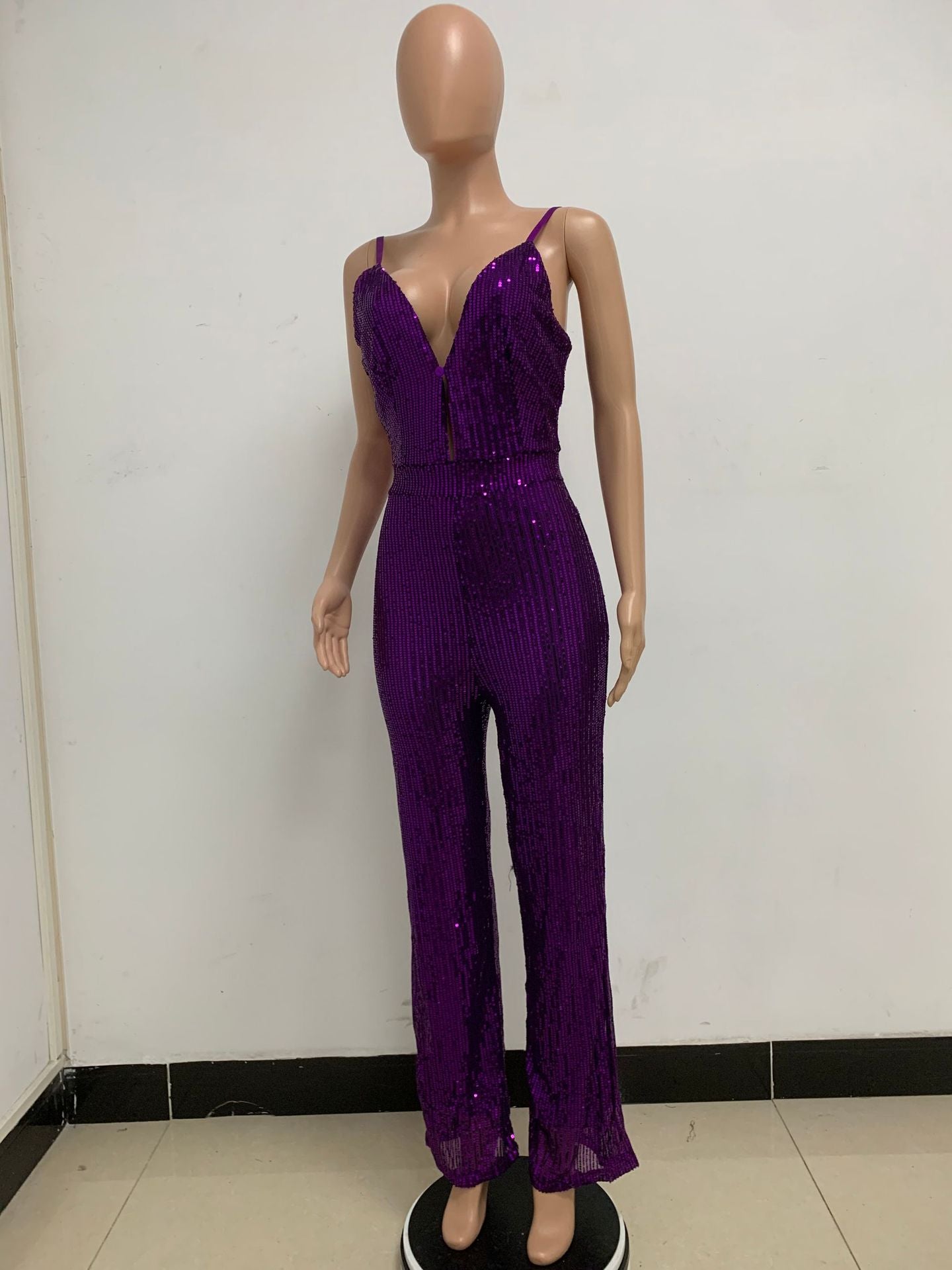 Deep V Neck Low Back Sleeveless Chic Sequined Straps Elegant Women's Party Jumpsuit 100
