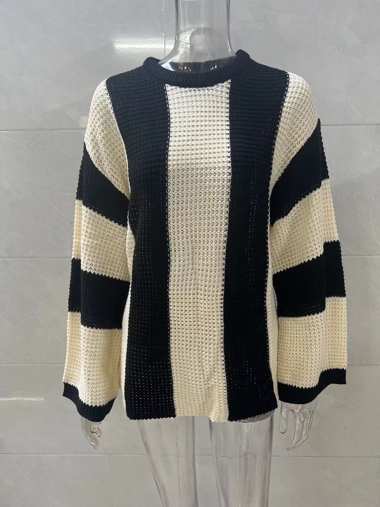 Spring And Autumn Trendy Knitting Sweater Top Round Neck Striped Sweater Jacket For Women 13