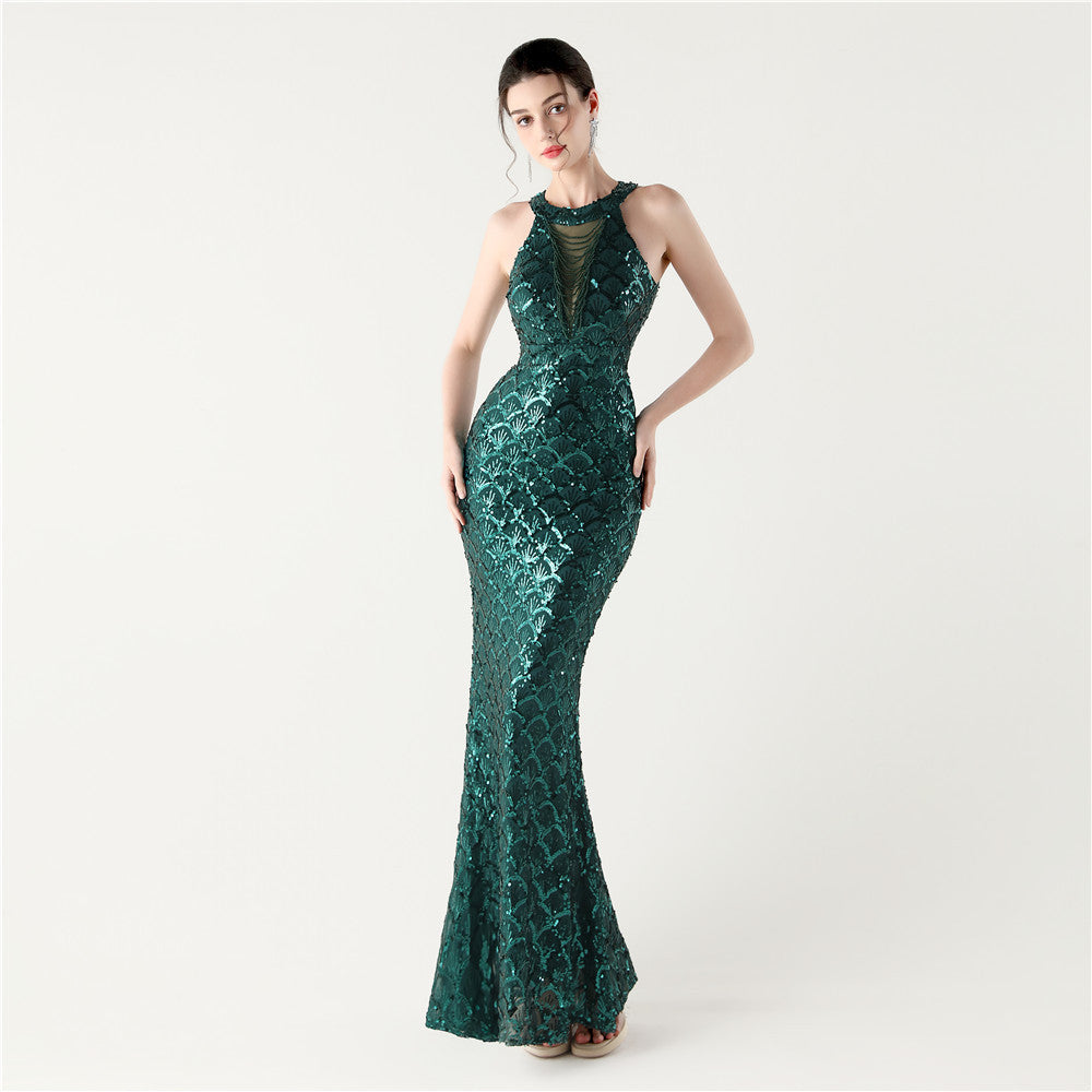 Women Halter Neck high collar hollow fishtail Bodycon fish scale sequin Formal Party evening dress 6