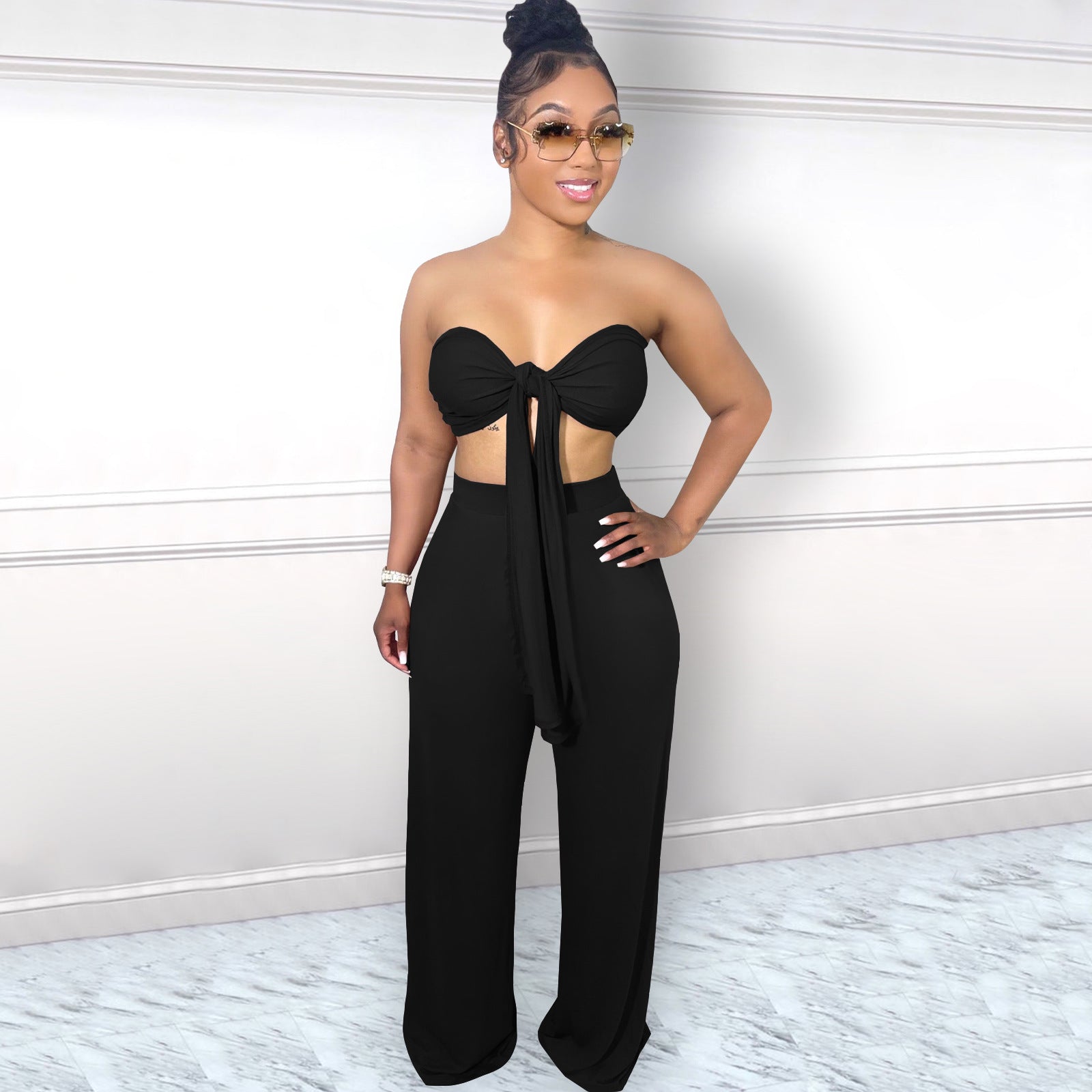 Women Sexy Halter Neck Top+ Wide Leg Pants Two-Piece