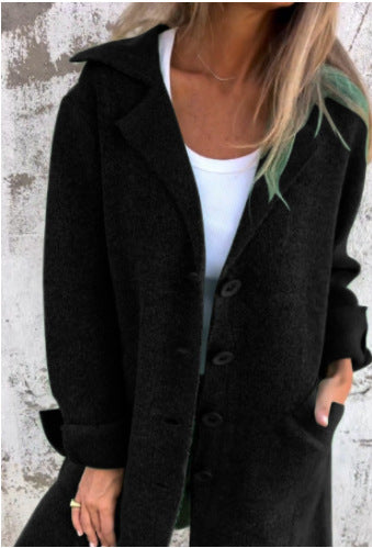 Women Solid Turndown Collar Pocket Maxi Jacket 3