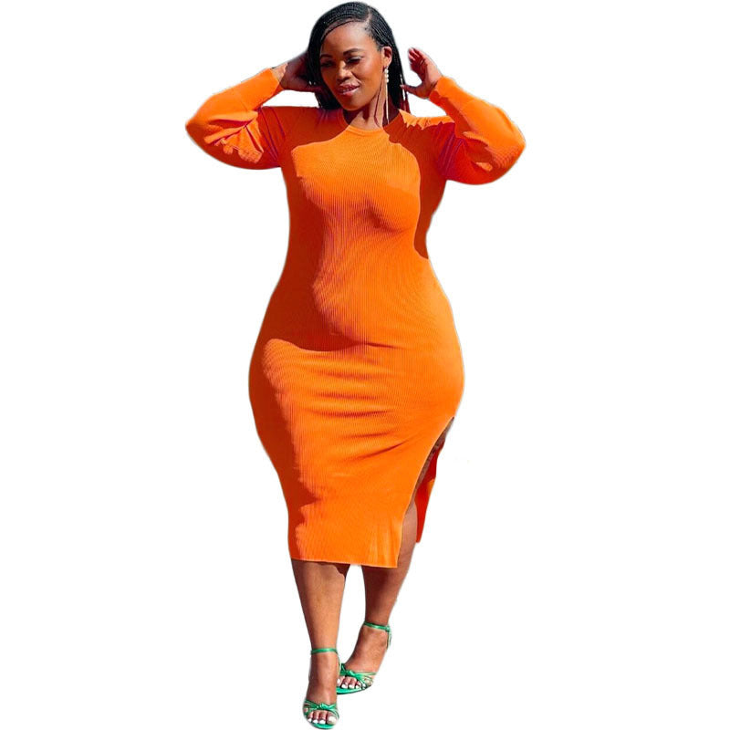 Autumn Plus Size Women's Ribbed Fashionable and Sexy Chic Slim Long Sleeve Round Neck Dress 7