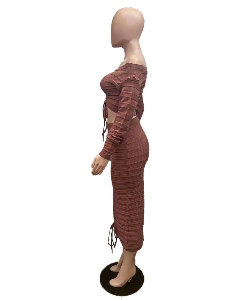 Women's Autumn and Winter Fashion Long Sleeve Off Shoulder Crop Top Drawstring Skirt Knitted two piece Set 20