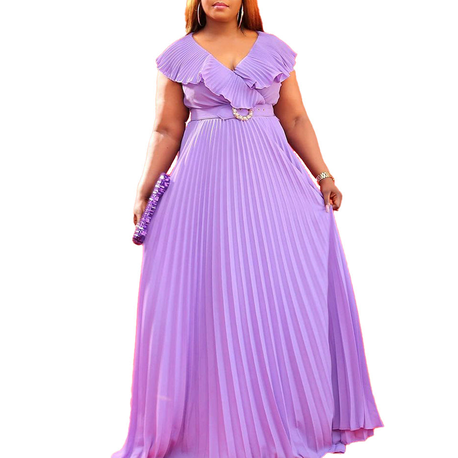 Women Summer Sexy Ruffled Pleated Maxi Dress with Belt 10