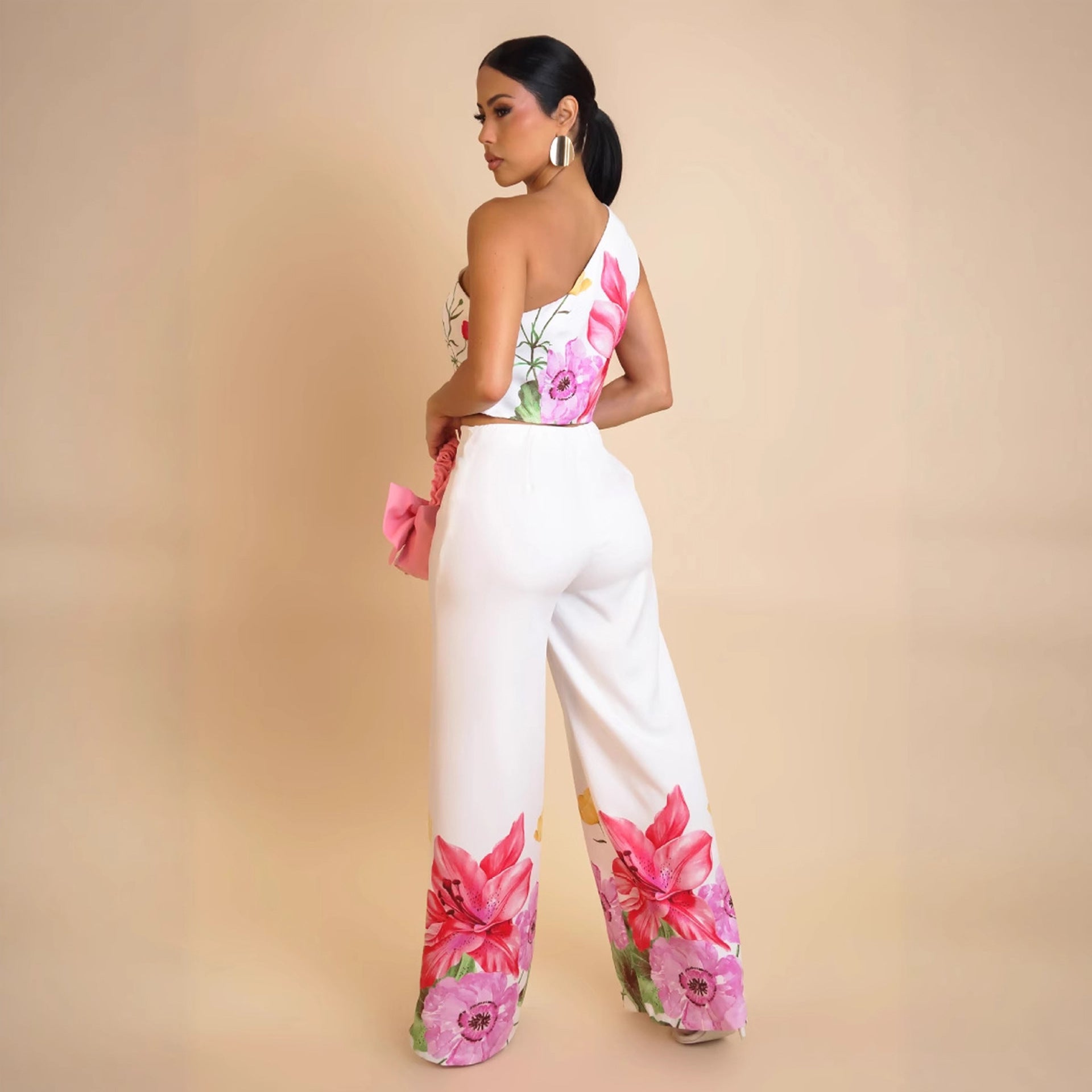 Women Elegant Stretchy Slash Shoulder Top and Wide Leg Pants Two Piece Set 6