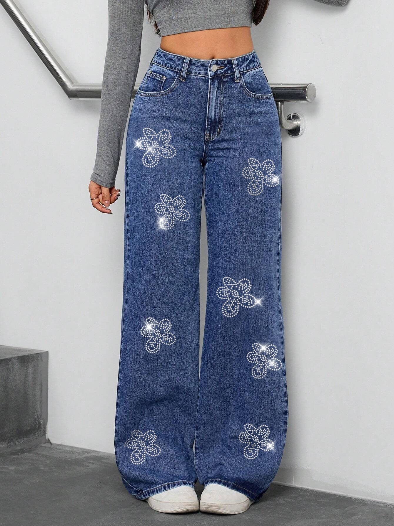 Women Autumn Floral Beaded Denim Pants