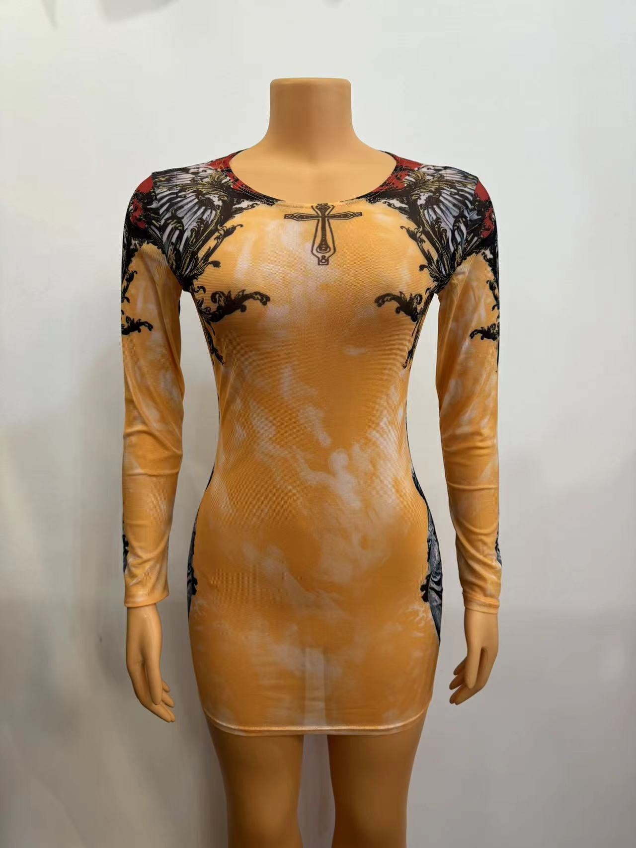 Women's Mesh Printing Round Neck Short Fashion Sexy Dress 6