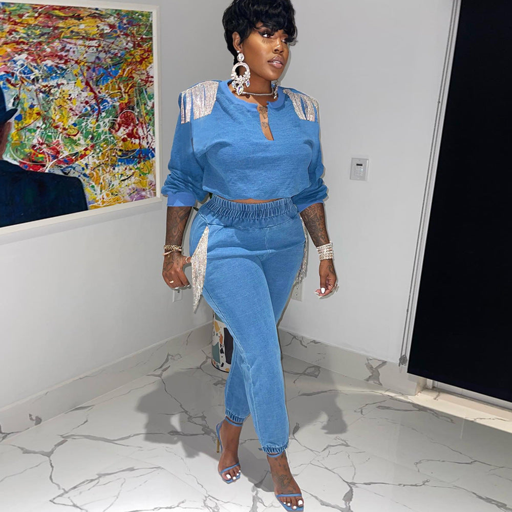 Women V-Neck Tassel Top and Pant Two-Piece Set 3