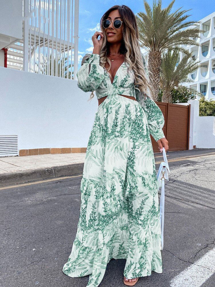 Fashion Women Clothing Spring Long Printed V-Neck Long Sleeve Maxi Dress 13