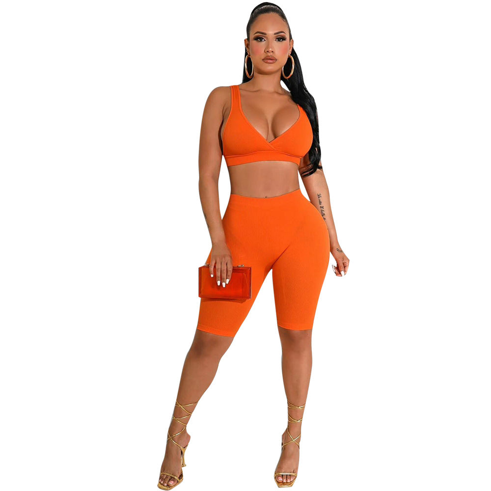 Summer fashionable beach holidays casual ribbed solid color two-piece shorts set 9
