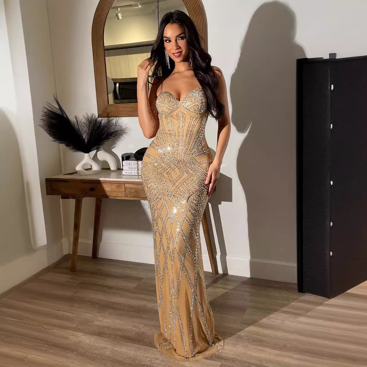 Sexy Fashion Beaded Straps Sleeveless Low Back Bodycon Party Dress 5